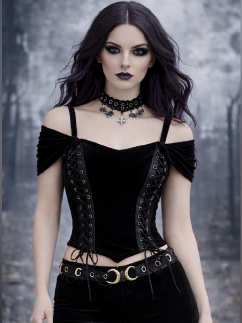 Gothic Off-Shoulder Lace-Up Velvet Corset Top 🖤
